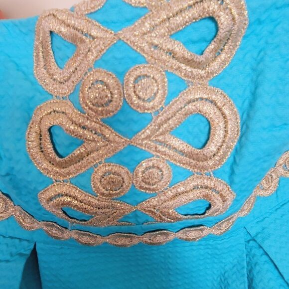 LILLY PULITZER Mini Dress Wave Jacquar Shorely Turqoise Blue Gold Strapless 2 - Picture 2 of 4